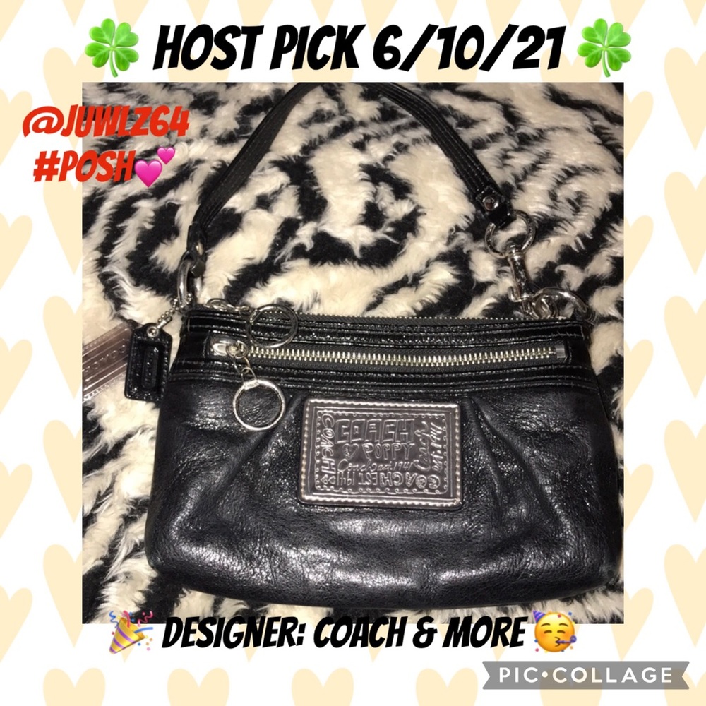 Coach Black leather poppy Large Wristlet / small bag 💕 leopard 🐆 interior